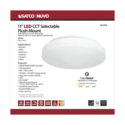 Satco 62-1210 16W LED Flush Mount Fixture 11 inch; Acrylic Round;