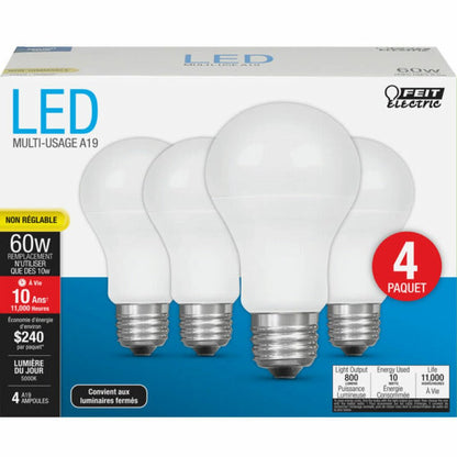 4 pack - Feit Electric A800/850/10KLED/4 8.5W A19 Daylight LED