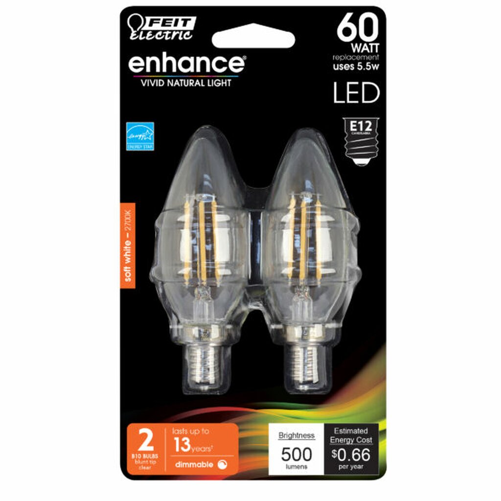 2 pack - Feit Electric BPCTC60927CAFIL/2/RP 5.5W B10 LED Light Bulb