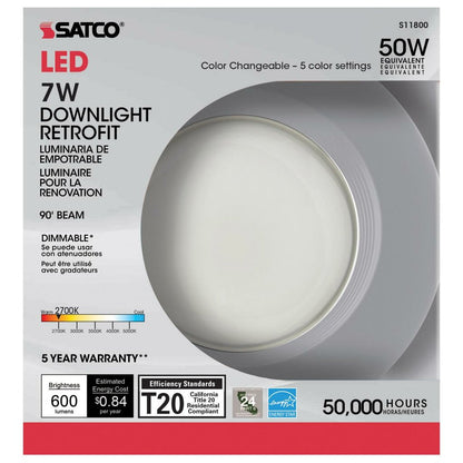 Satco S11800 7W LED Downlight Retrofit Dimmable Fixture 4"; Adjustable