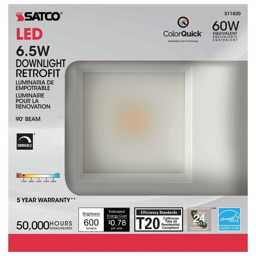 Satco S11820 6.5W LED Downlight Retrofit Dimmable Fixture Square 4