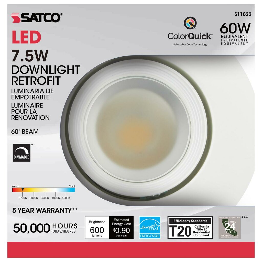 Satco S11822 7.5W LED Downlight Retrofit Dimmable Fixture Directional