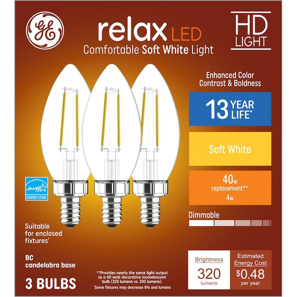 3 pack - GE 42282 4W B11 Warm White LED Light Bulb
