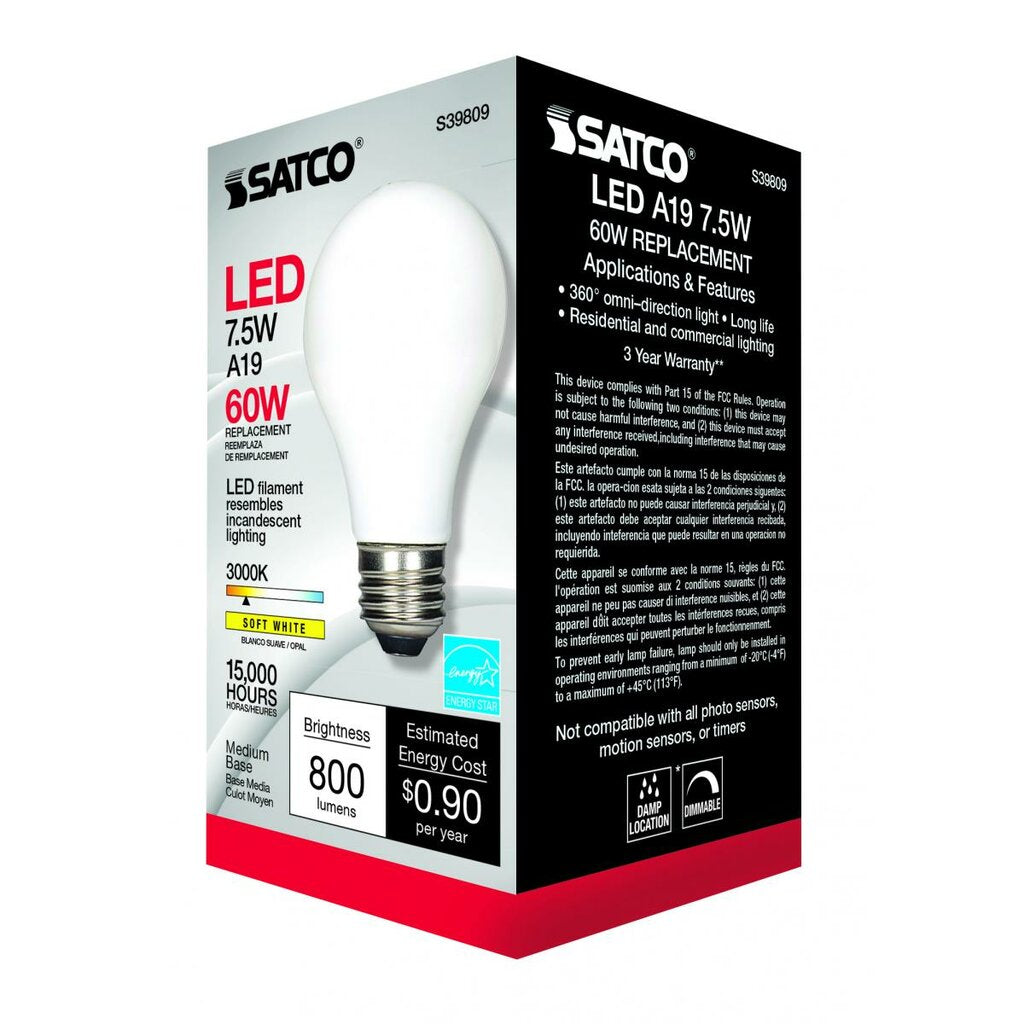 Satco S39809 7.5W A19 Soft White LED Light Bulb
