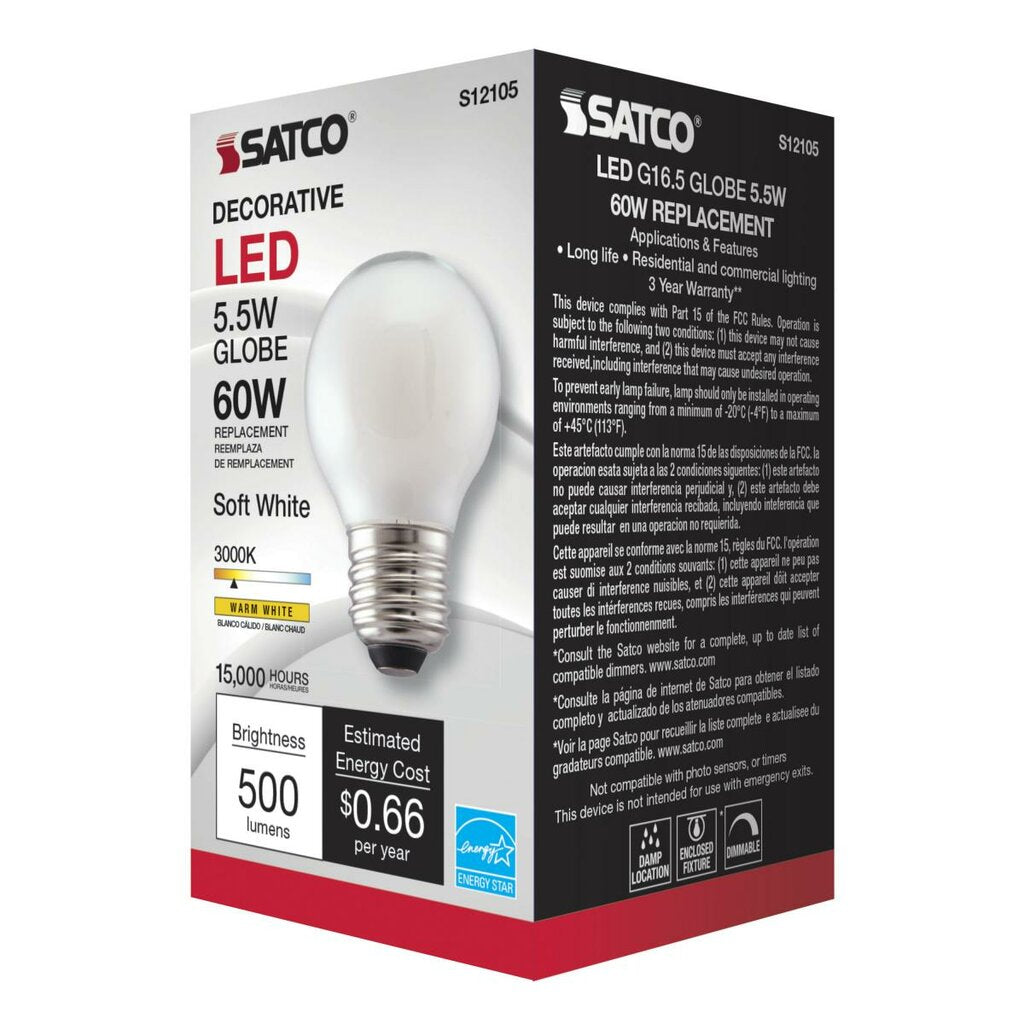 Satco S12105 5.5W G16.5 Soft White LED Light Bulb