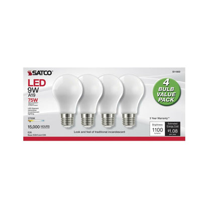 4 pack - Satco S11503 9W A19 Warm White LED Light Bulb
