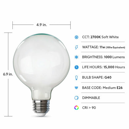 2 pack - Feit Electric G40100W/927CA/FIL 11W G40 LED Light Bulb