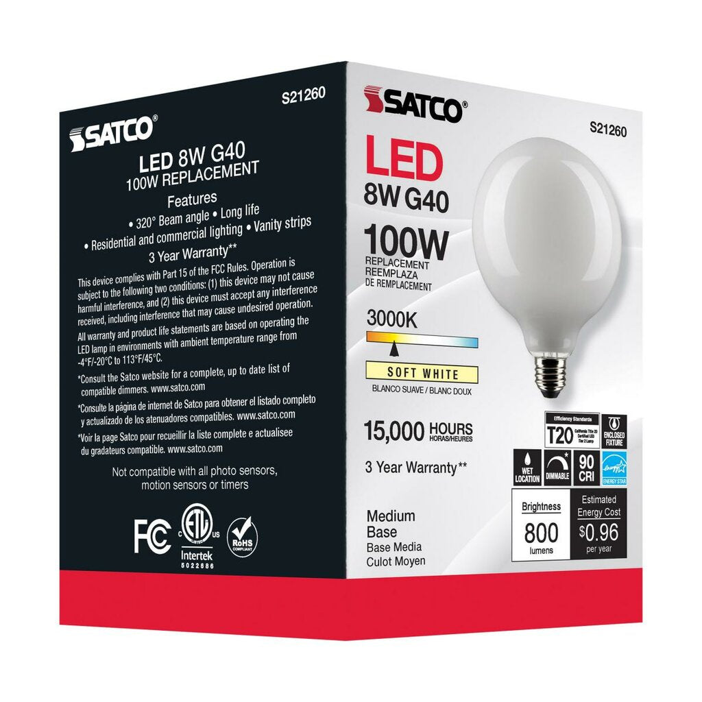 6 pack - Satco S21260 8W G40 LED Light Bulb