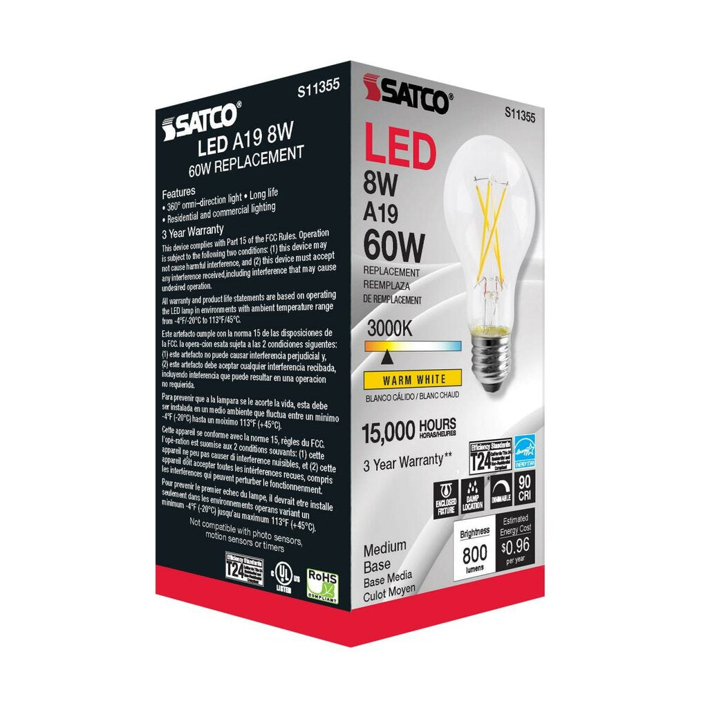 6 pack - Satco S11355 8W A19 LED Light Bulb