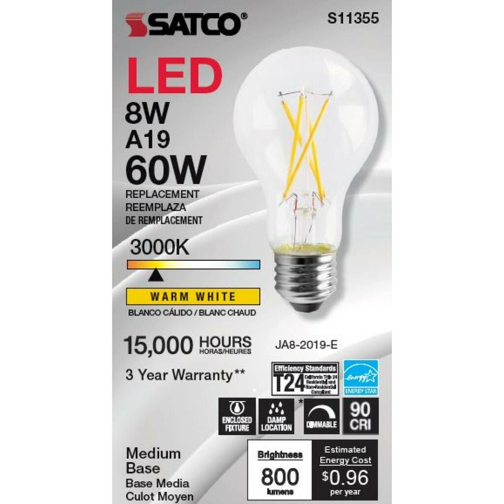 6 pack - Satco S11355 8W A19 LED Light Bulb
