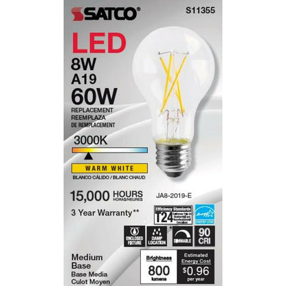 6 pack - Satco S11355 8W A19 LED Light Bulb