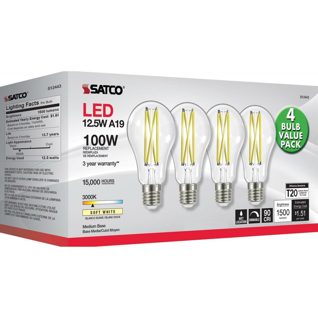 4 pack - Satco S12443 12.5W A19 Soft White LED Light Bulb