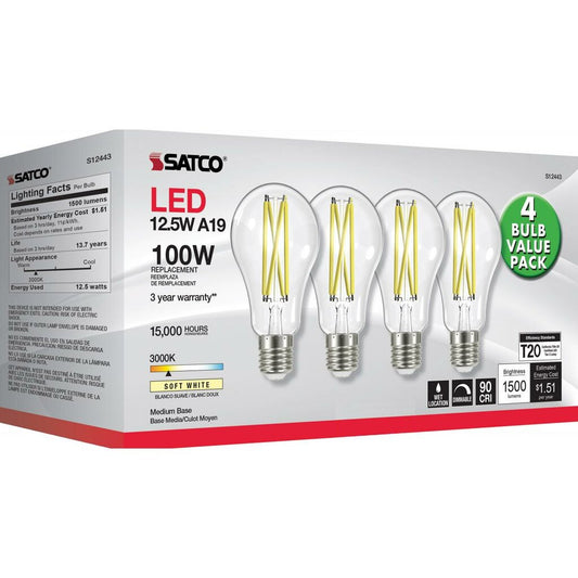 4 pack - Satco S12443 12.5W A19 Soft White LED Light Bulb