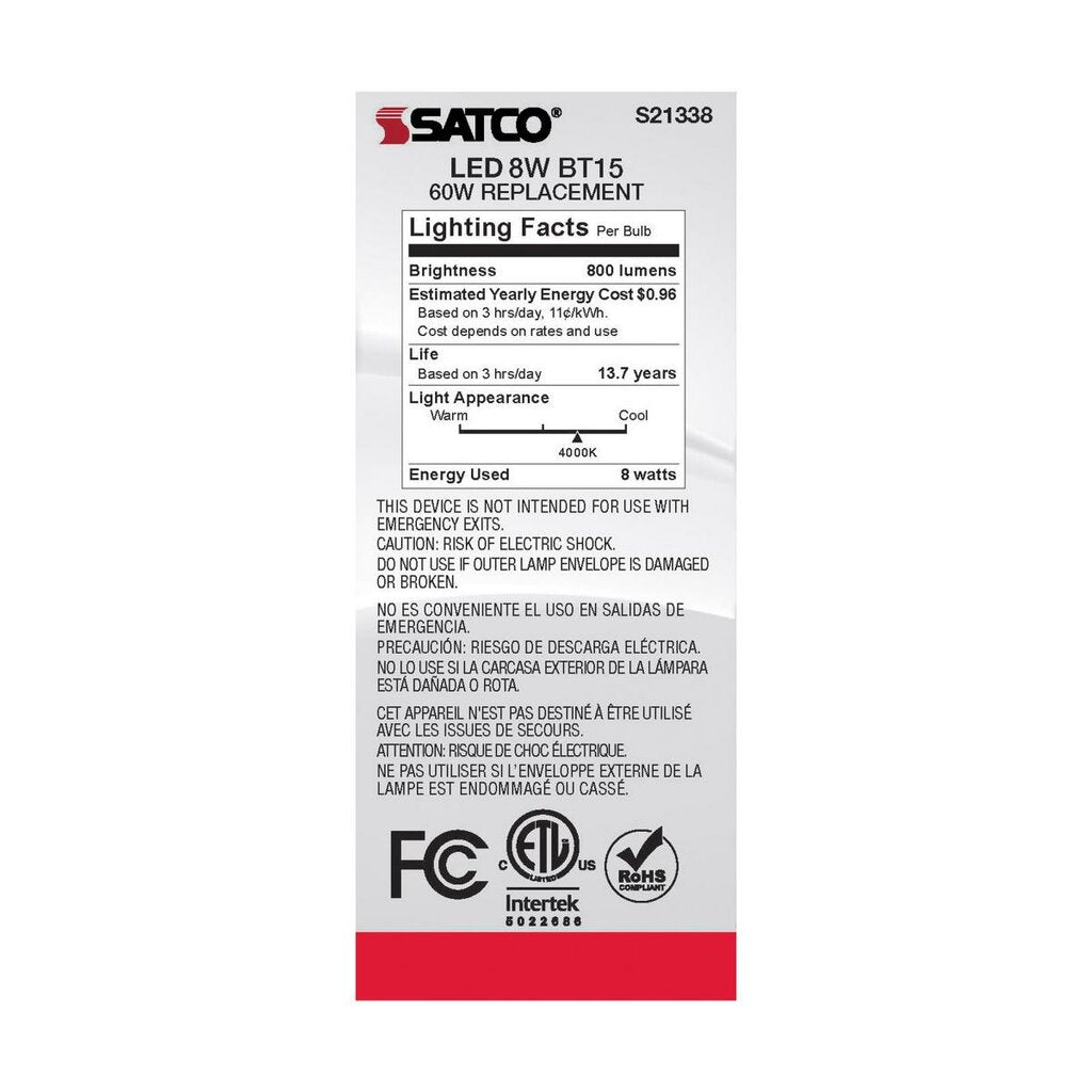 6 pack - Satco S21338 8W BT15 LED Light Bulb