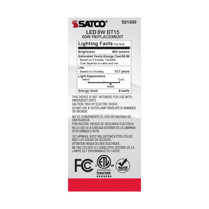6 pack - Satco S21338 8W BT15 LED Light Bulb