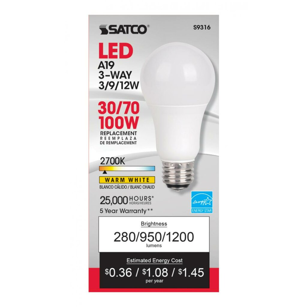 6 pack - Satco S9316 3W/9W/12W A19 LED Light Bulb