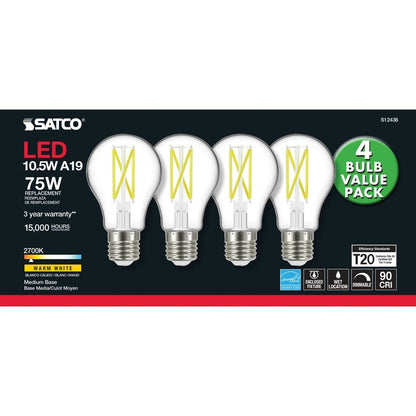 4 pack - Satco S12436 10.5W A19 LED Light Bulb
