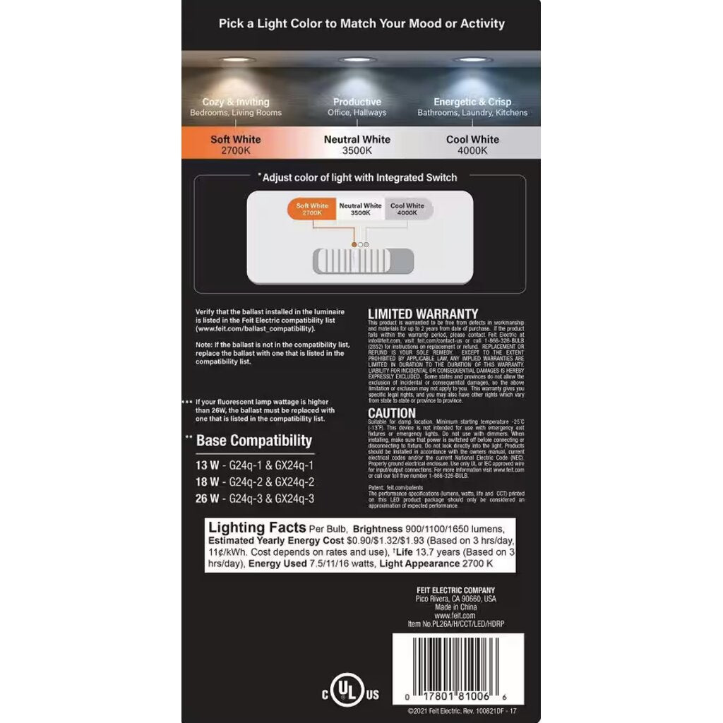 Feit Electric PL26AB/H/CCT/LEDG2 18W CCT LED Light Bulb