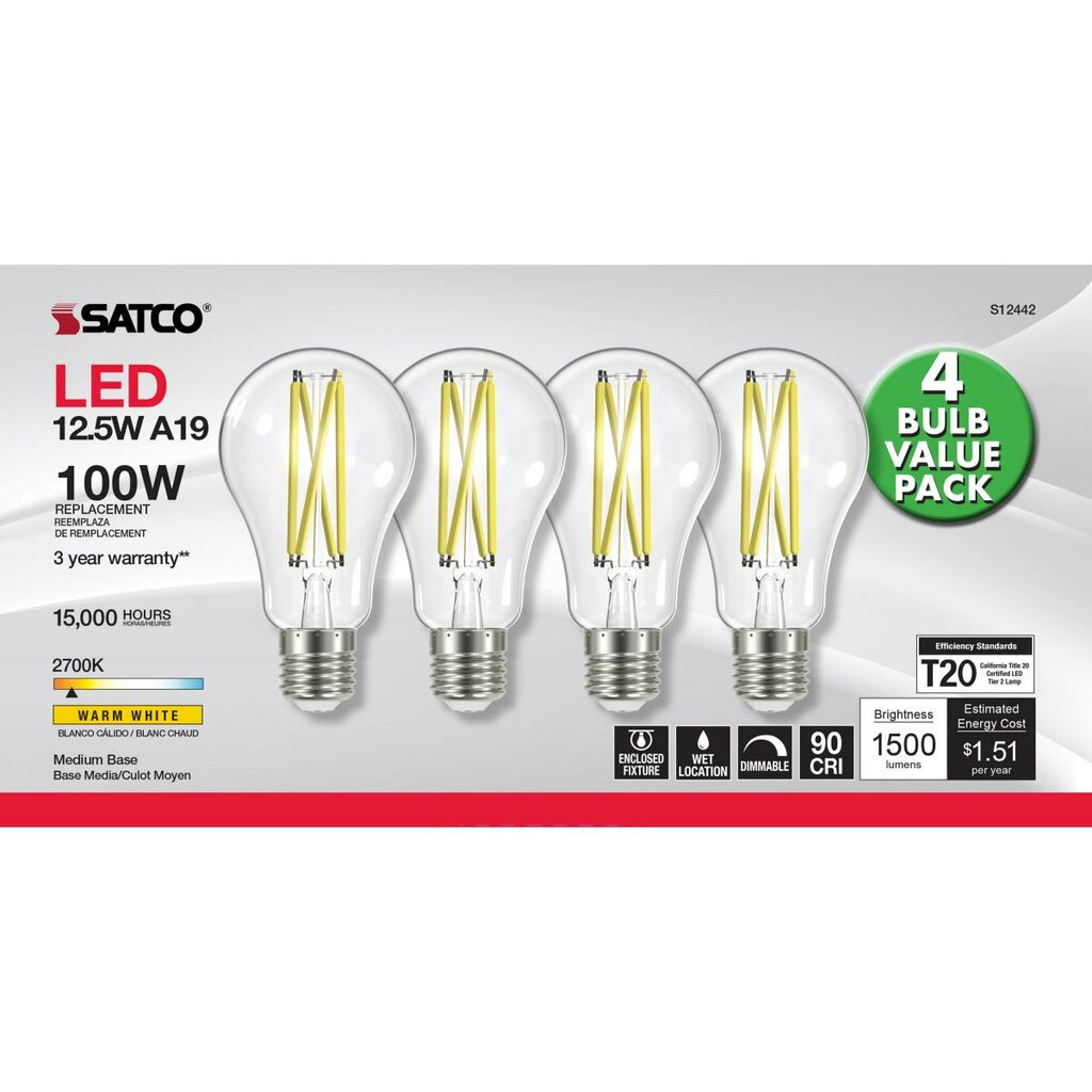 4 pack - Satco S12442 12.5W A19 LED Light Bulb