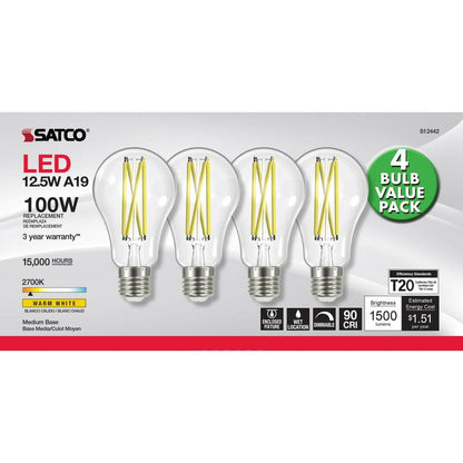 4 pack - Satco S12442 12.5W A19 LED Light Bulb