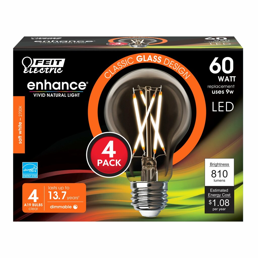 4 pack - Feit Electric A1960CL927CA/FIL/4 9W A19 Warm White LED