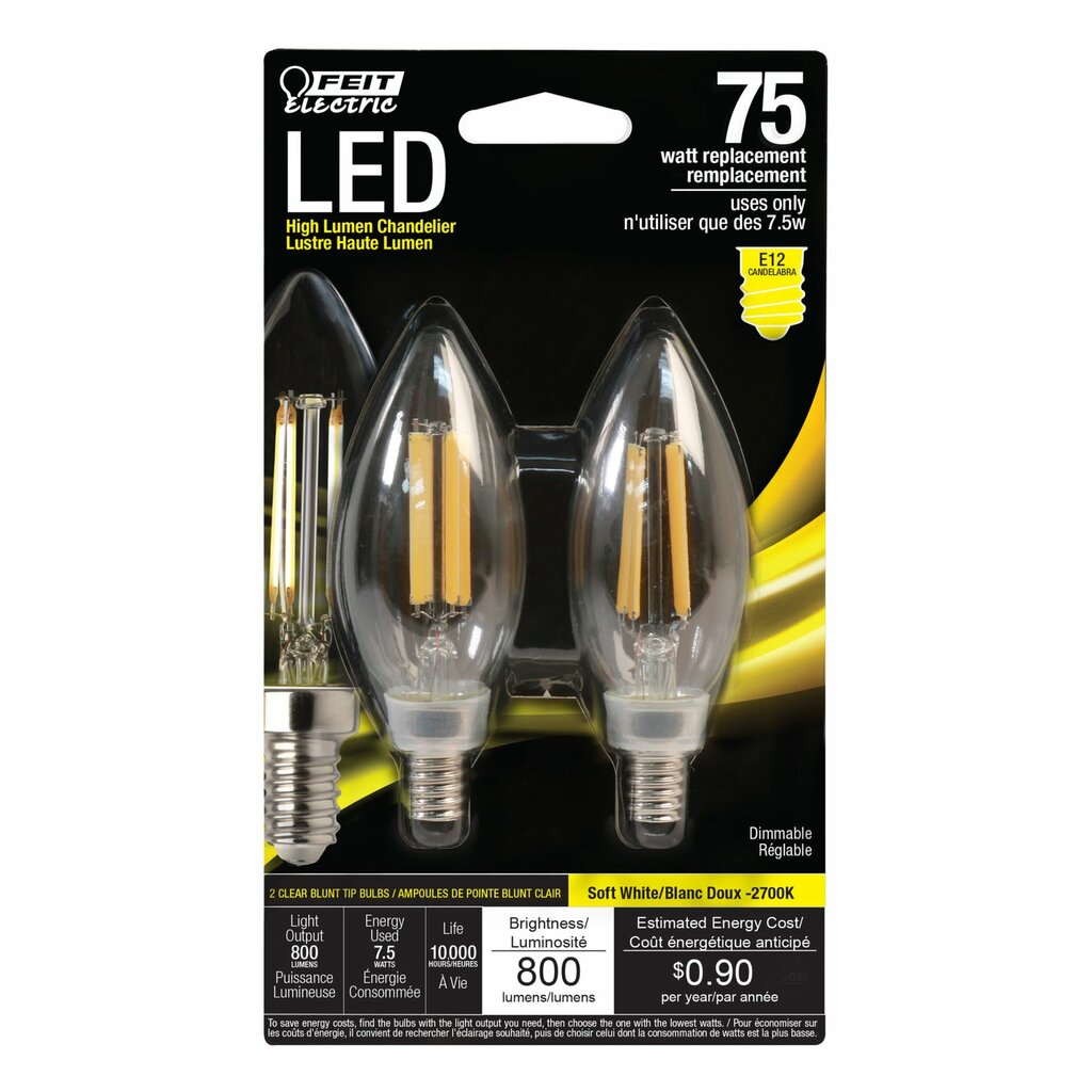 2 pack - Feit Electric BPCTC75/827/LED/2 7.5W B10 Warm White LED