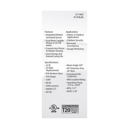Satco S11445 12W A19 Cool White LED Light Bulb