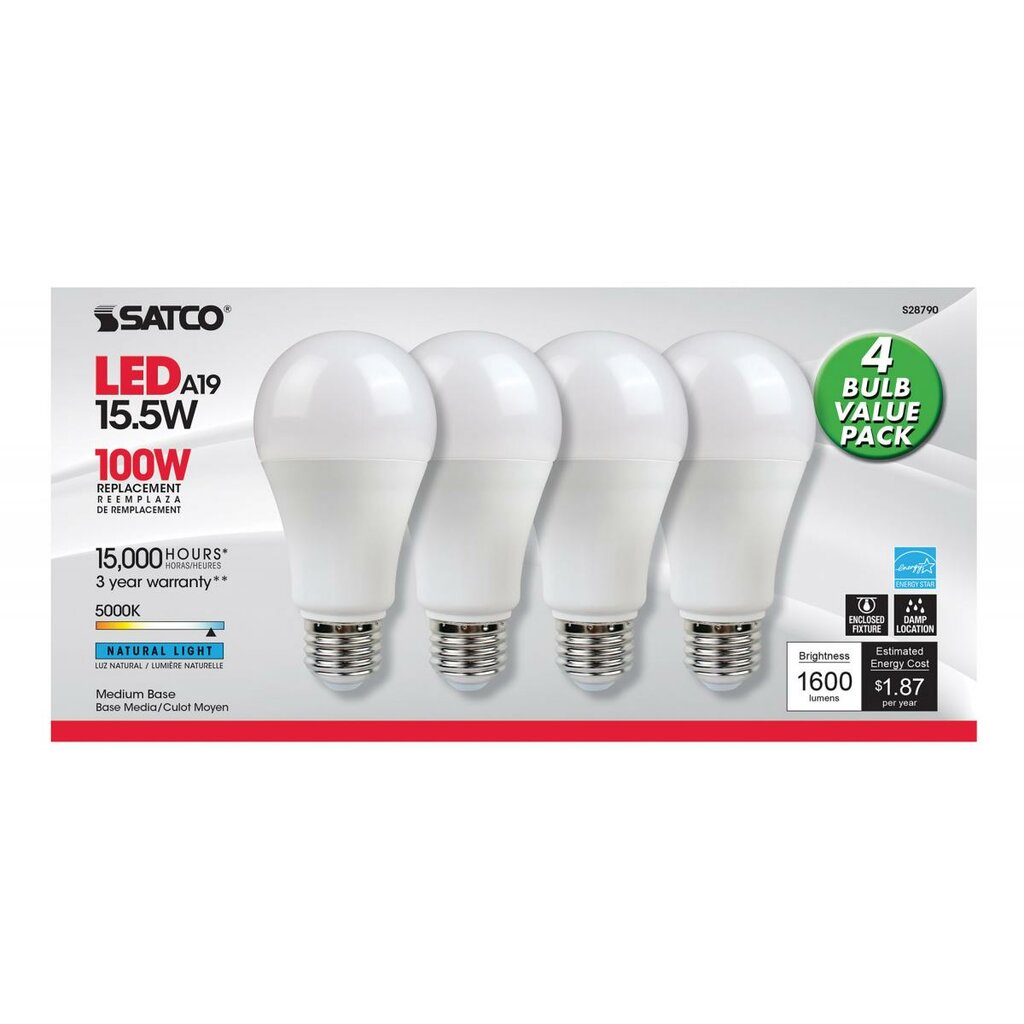 4 pack - Satco S28790 15.5W A19 Daylight LED Light Bulb