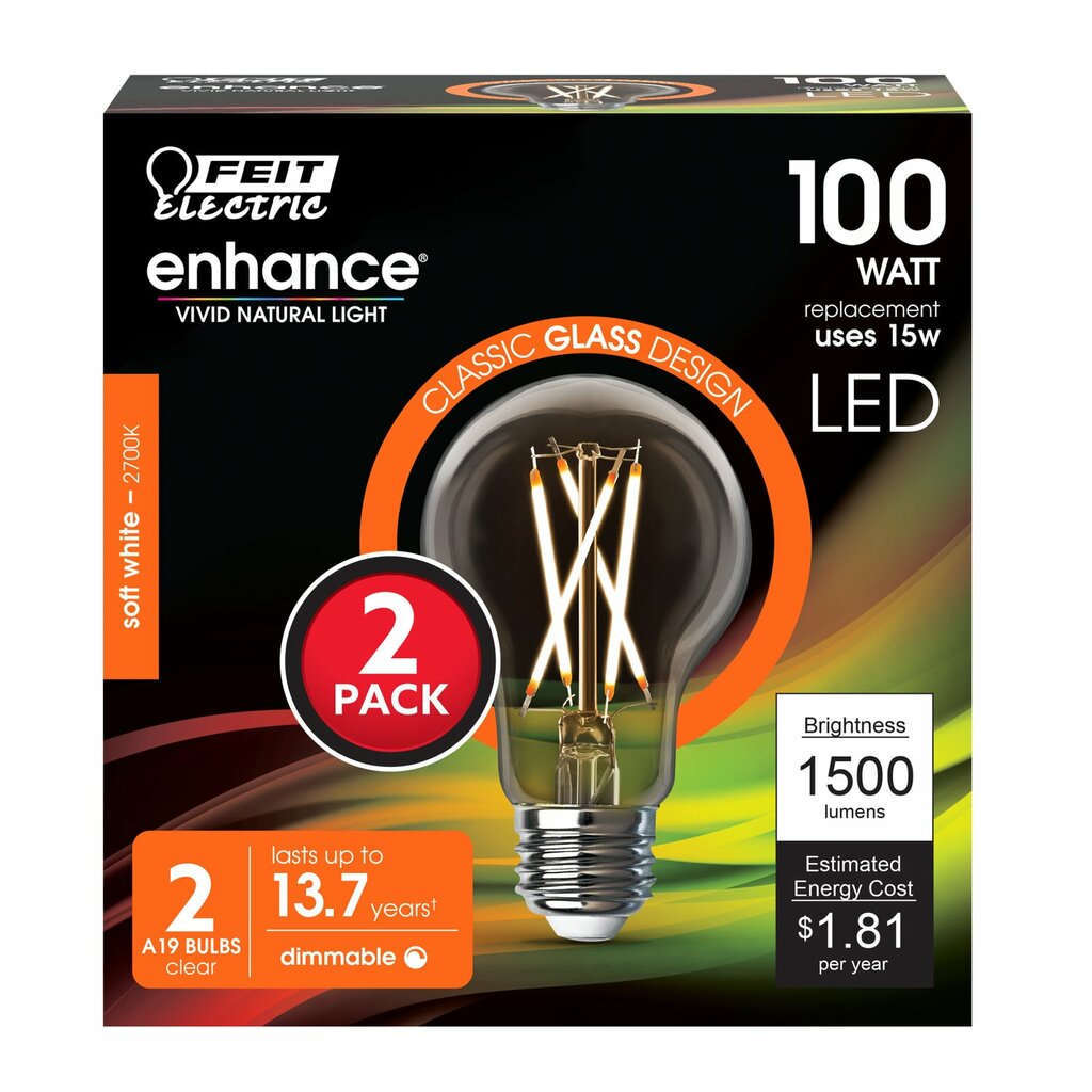 2 pack - Feit Electric A100CL927CA/FIL/2 15W A19 Warm White LED