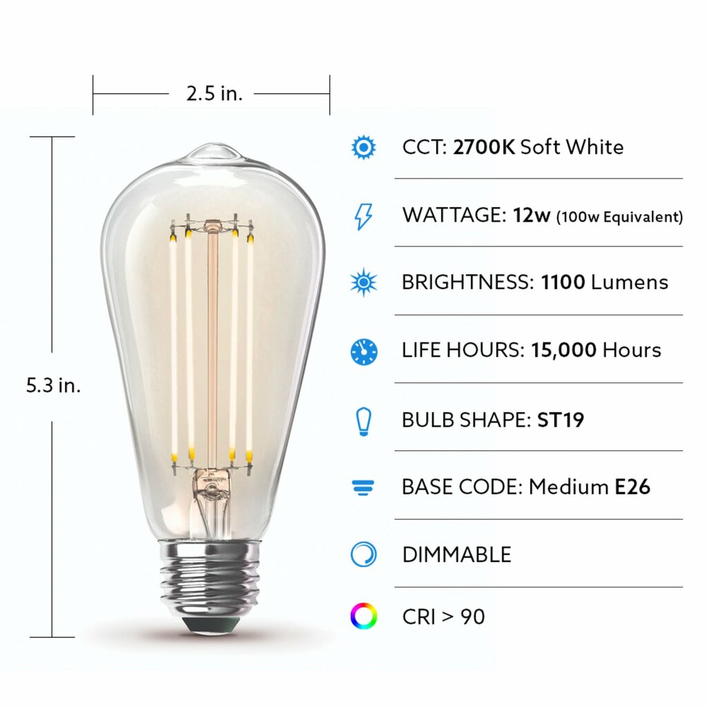 4 pack - Feit Electric ST19100CL/927CA/4 12W ST19 Warm White LED