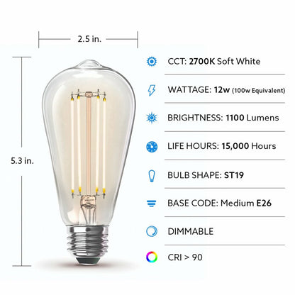 4 pack - Feit Electric ST19100CL/927CA/4 12W ST19 Warm White LED