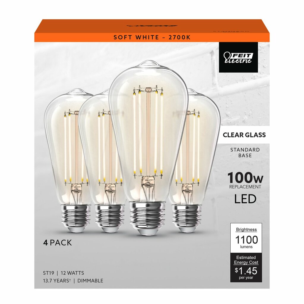 4 pack - Feit Electric ST19100CL/927CA/4 12W ST19 Warm White LED