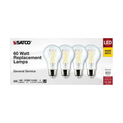 4 pack - Satco S12462 8W A19 Warm White LED Light Bulb