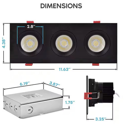 Luxrite LR32186 36W LED Gimbal Dimmable Fixture 11 in. Canless 3 Head