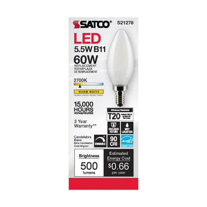 6 pack - Satco S21278 5.5W B11 LED Light Bulb