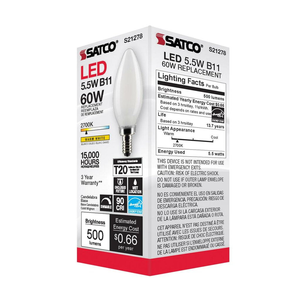 6 pack - Satco S21278 5.5W B11 LED Light Bulb