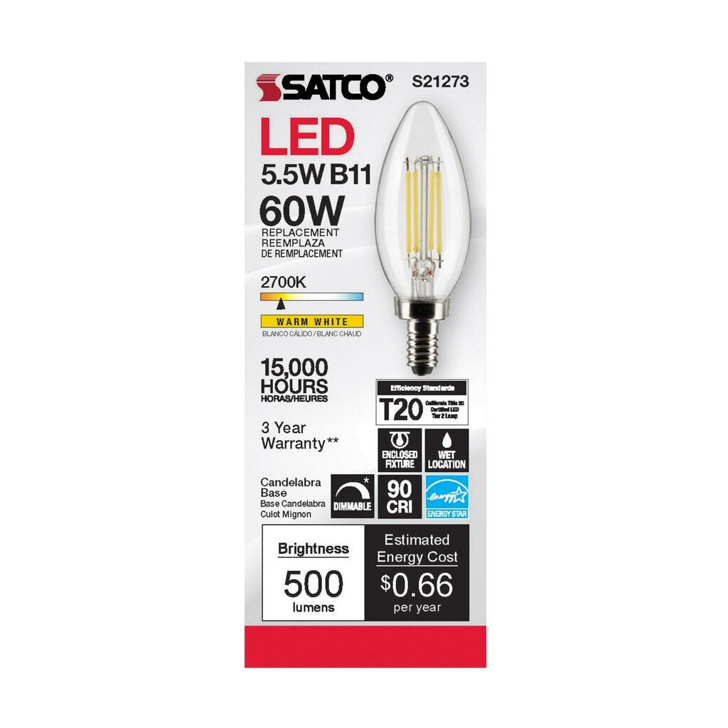 6 pack - Satco S21273 5.5W B11 Warm White LED Light Bulb