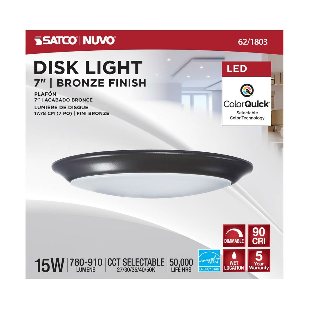 Satco 62-1803 15W LED Surface Mount Dimmable Fixture 7 inch; Disk