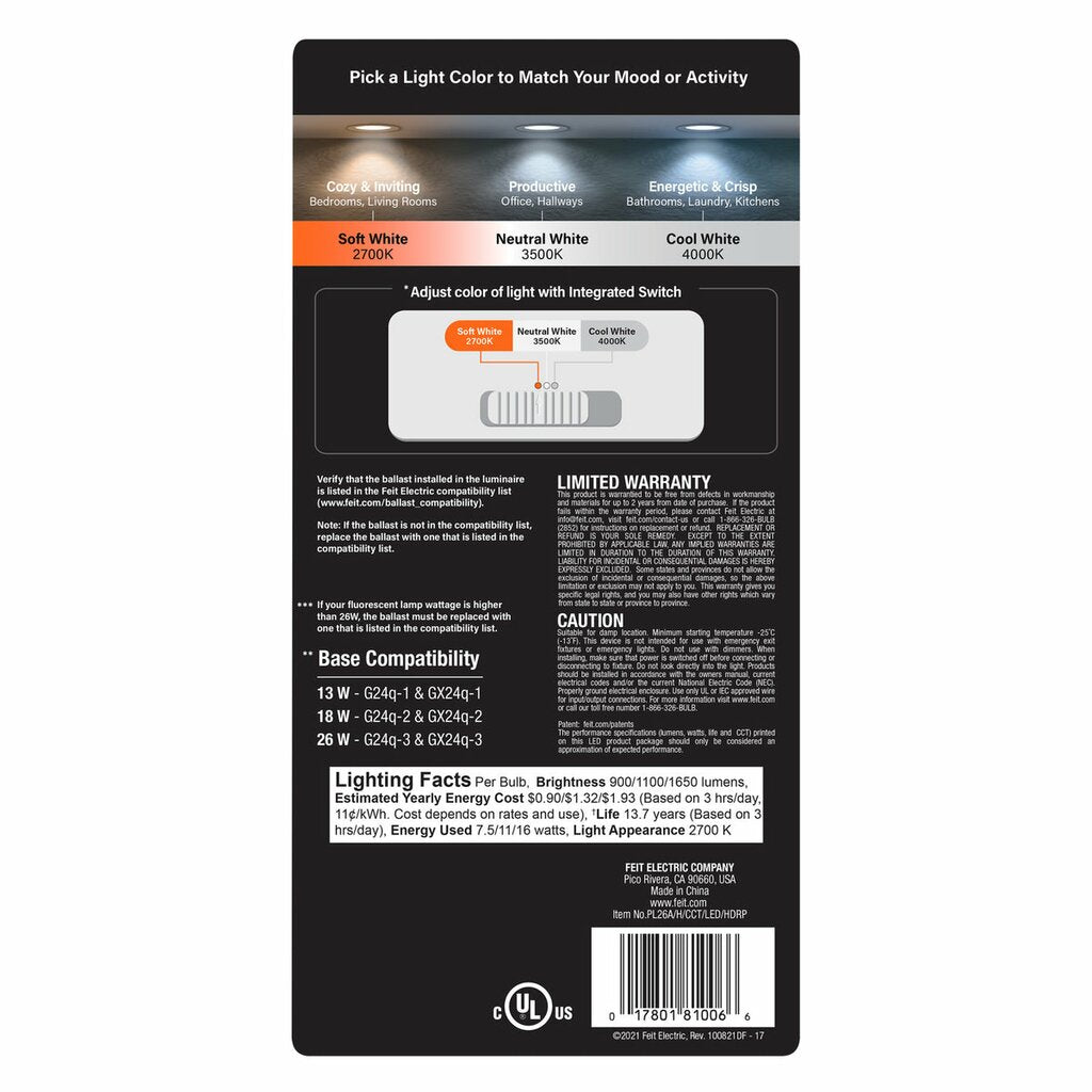 4 pack - Feit Electric PL26A/H/CCT/LED/HDRP 16W Twin-Tube CCT LED