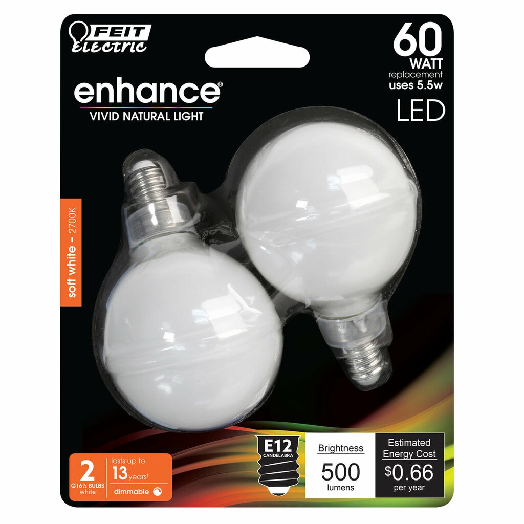 2 pack - Feit Electric BPG1660W927CAFIL2 5.5W G16.5 LED Light Bulb