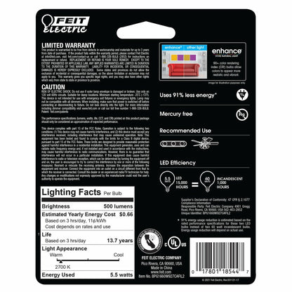 2 pack - Feit Electric BPG1660W927CAFIL2 5.5W G16.5 LED Light Bulb
