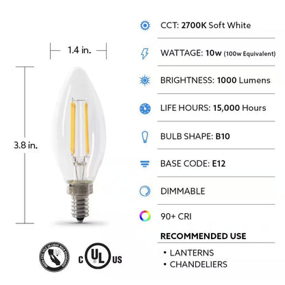2 pack - Feit Electric BPCTC100927CAFIL/2 10W B10 Warm White LED