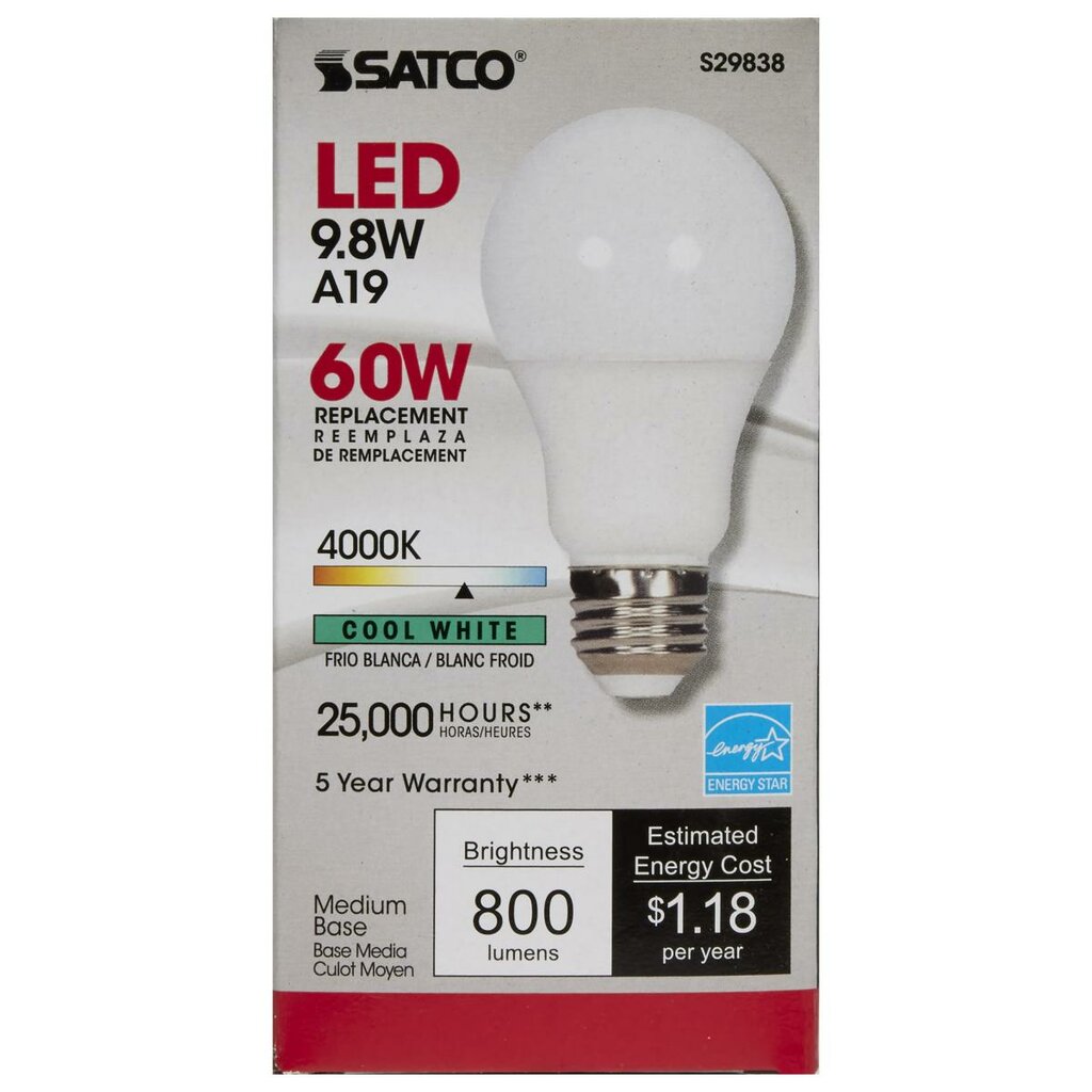 6 pack - Satco S29838 9.8W A19 Cool White LED Light Bulb