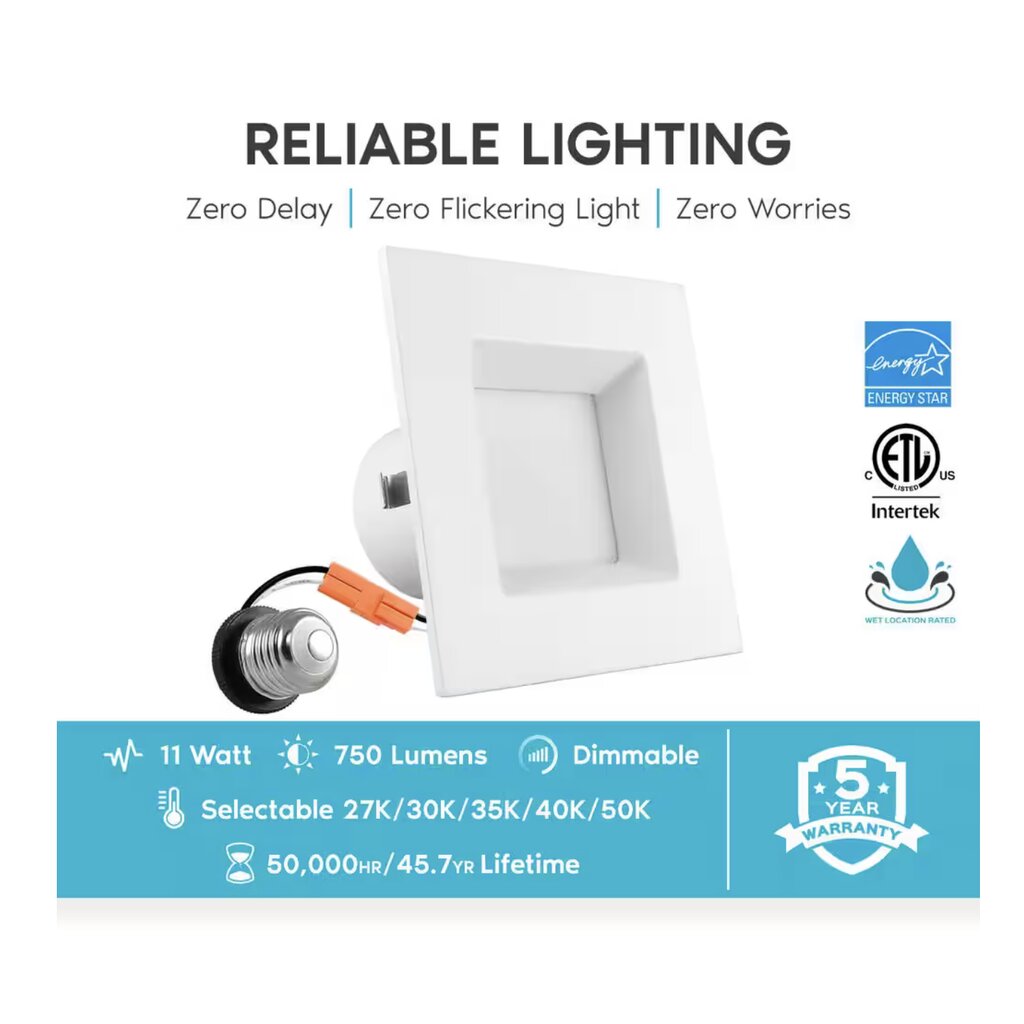 Luxrite LR23785 11W 4" Square LED Downlight Dimmable Fixture .