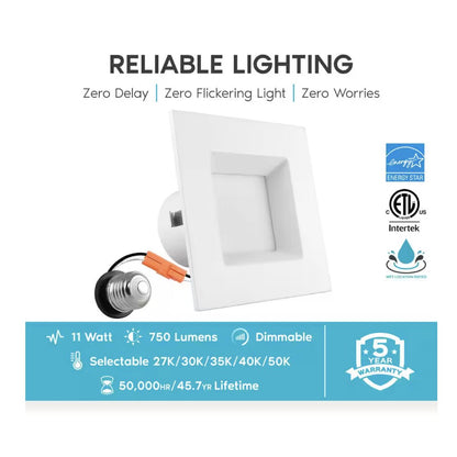 Luxrite LR23785 11W 4" Square LED Downlight Dimmable Fixture .