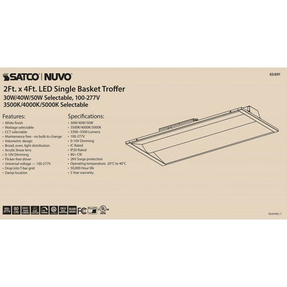 Satco 65-691 30W/40W/50W 2x4 LED Troffer Dimmable Fixture Single