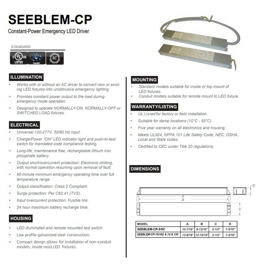 Emergensee Lighting SEEBLEM-CP-5-C Emergency LED Driver 5W LED Battery