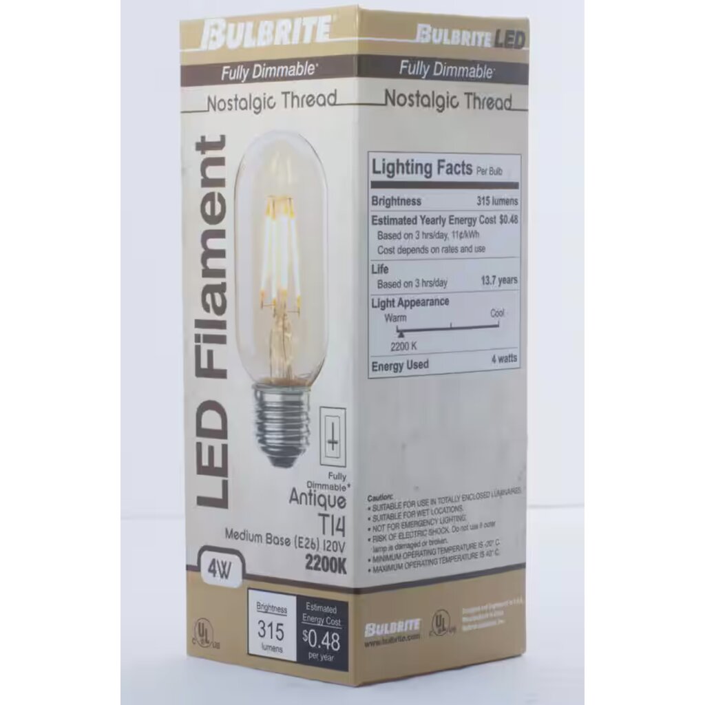 Bulbrite 860993 (776905) 4W T14 Amber LED Light Bulb