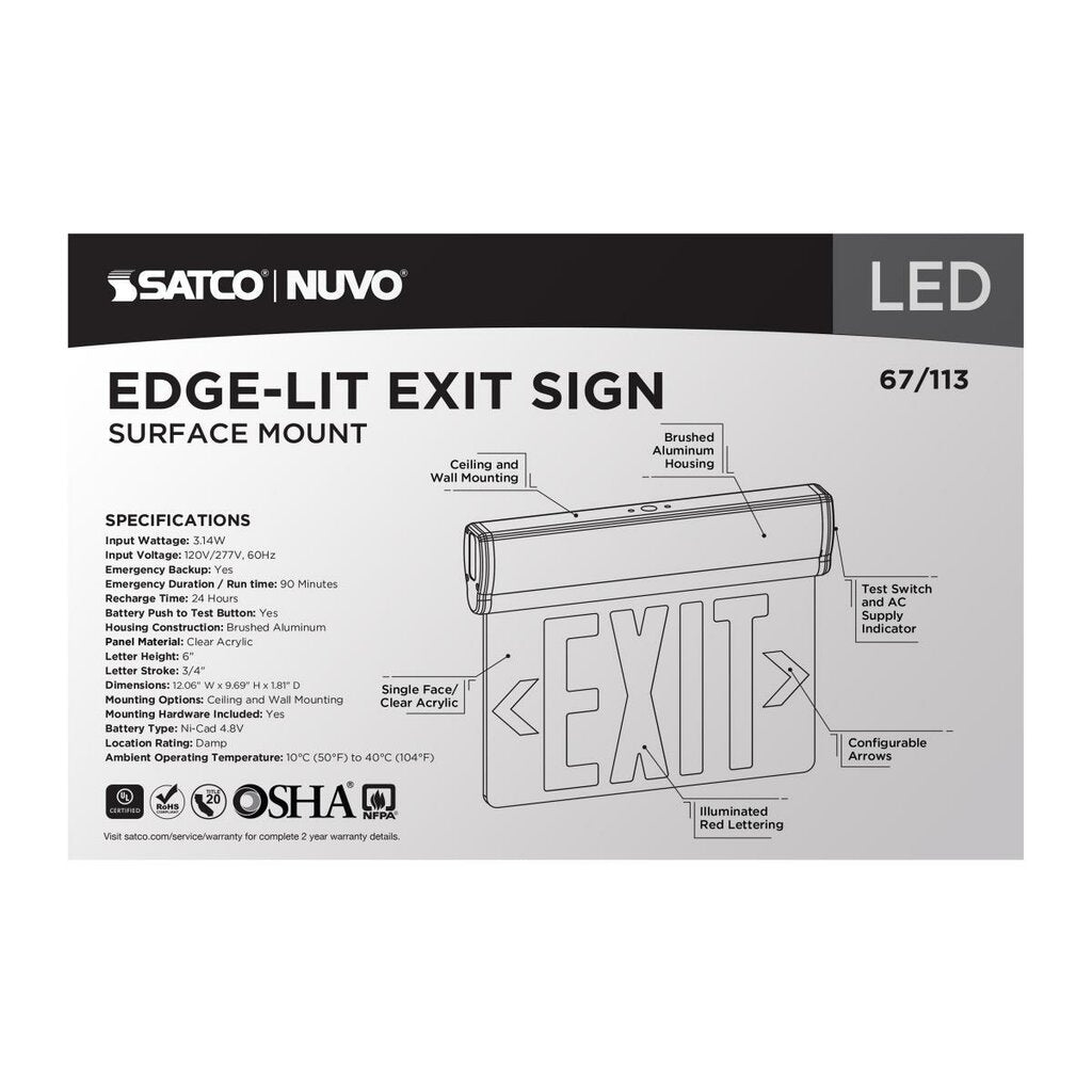 Satco 67-113 3.14W LED Fixture Red (Clear) Edge Lit Exit Sign 90min