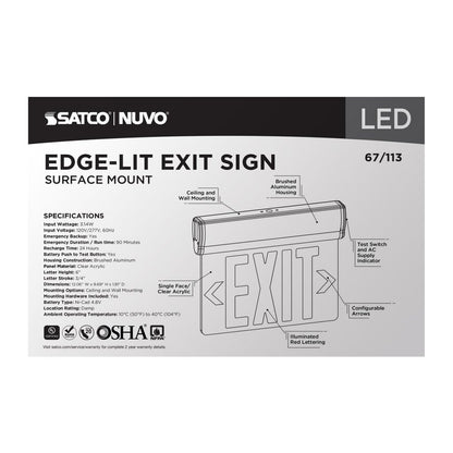 Satco 67-113 3.14W LED Fixture Red (Clear) Edge Lit Exit Sign 90min